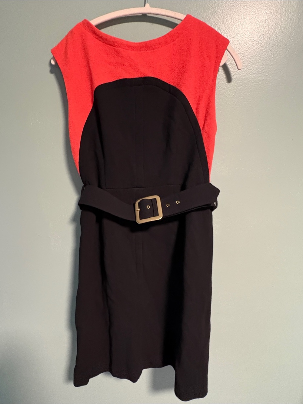 Milly of New York Black and Coral Cap-Sleeve Belted Sheath Dress